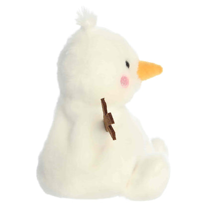 Palm Pals Twig Snowman 5-inch white plush snowman with felt twig arms, an orange carrot nose, black coal buttons, and pink cheeks.