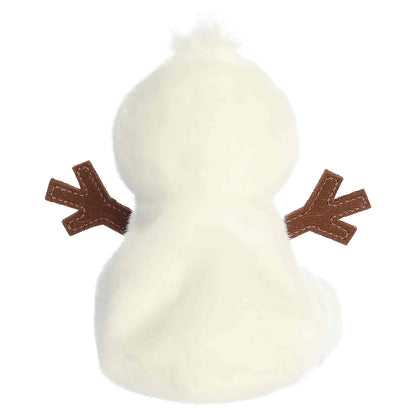 Palm Pals Twig Snowman 5-inch white plush snowman with felt twig arms, an orange carrot nose, black coal buttons, and pink cheeks.