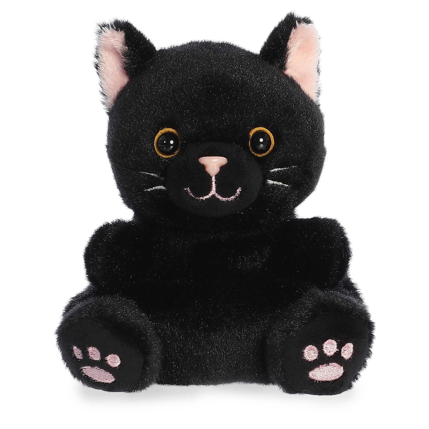Palm Pals Twilight Black Cat 4.5-inch plush featuring sleek black fur, bright golden eyes, pink ear lining, and embroidered pink paw pads.