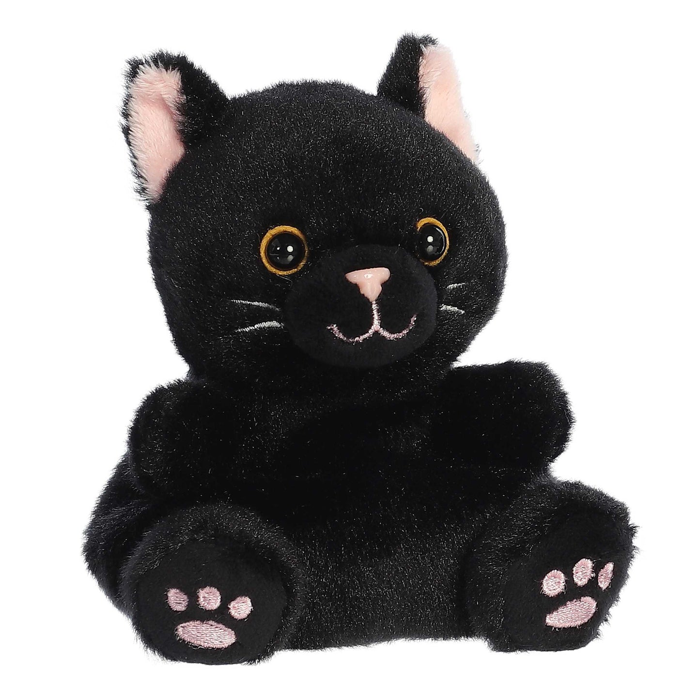 Palm Pals Twilight Black Cat 4.5-inch plush featuring sleek black fur, bright golden eyes, pink ear lining, and embroidered pink paw pads.