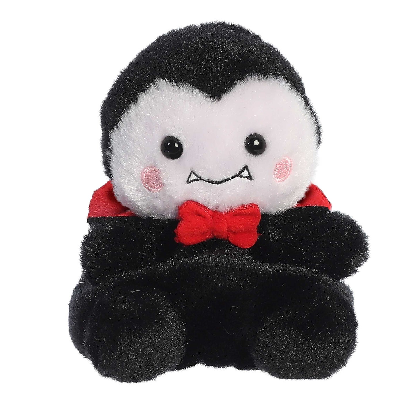 Palm Pals Viktor Vampire 5-inch plush featuring soft black and white fur, a red bow tie, red cape collar, and tiny embroidered fangs.