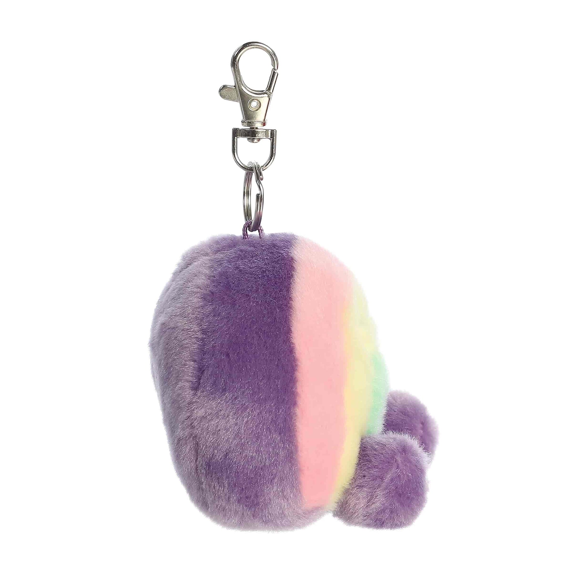 Side view of Palm Pals Vivi Rainbow 4-inch clip-on plush soft toy