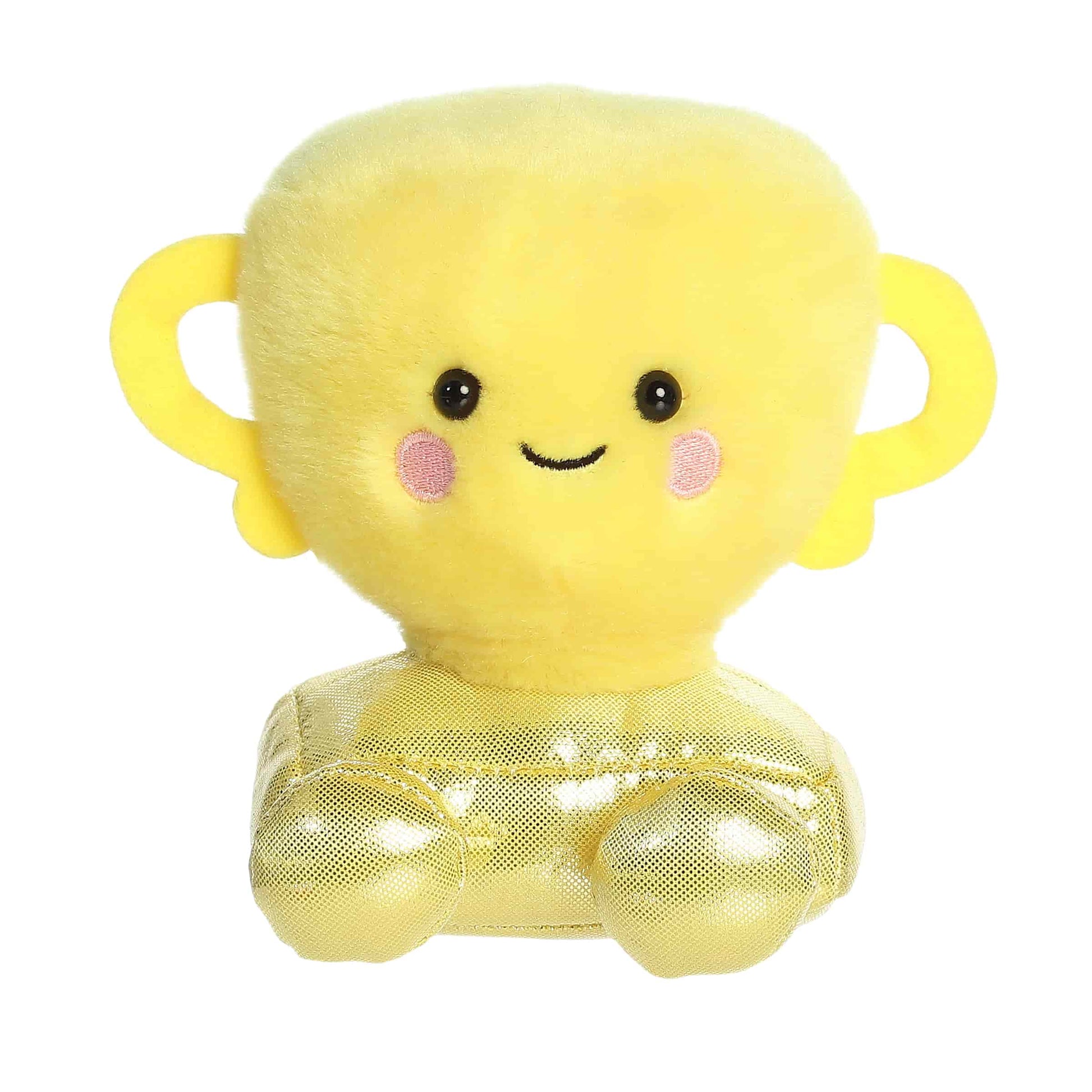 A product photo of the Palm Pals Winner Trophy 5-Inch Plush, a yellow stuffed trophy with a shiny metallic gold base and handles, sitting on a white background.