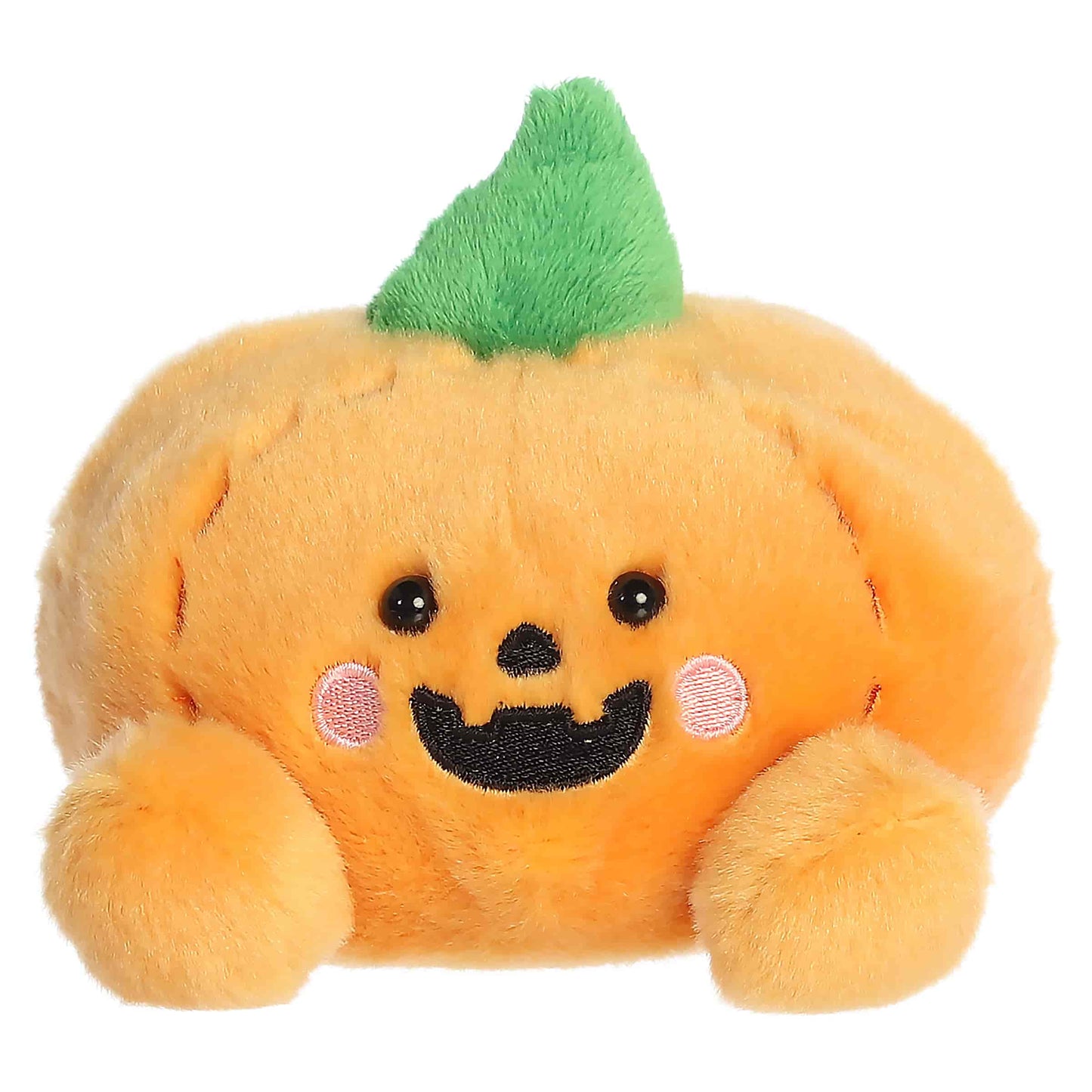 Palm Pals Wisp Jack O' Lantern 5-inch plush pumpkin with a cheerful embroidered smile, pink cheeks, and a green stem.