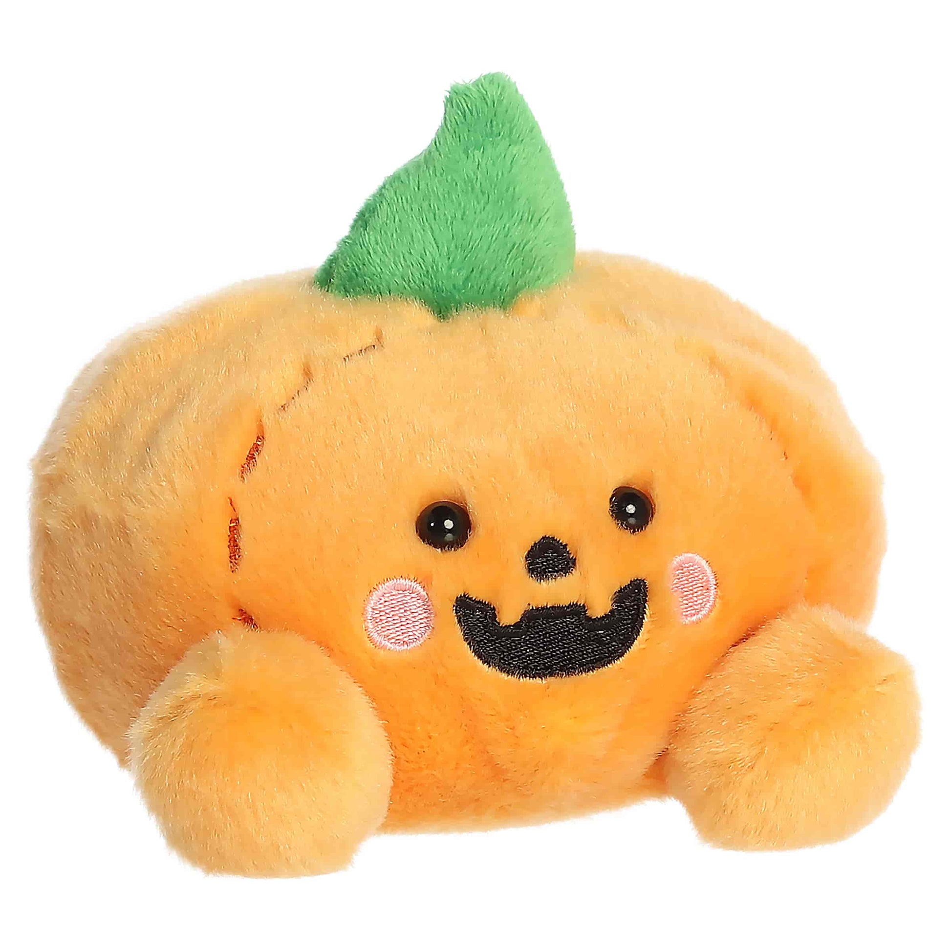 Palm Pals Wisp Jack O' Lantern 5-inch plush pumpkin with a cheerful embroidered smile, pink cheeks, and a green stem.