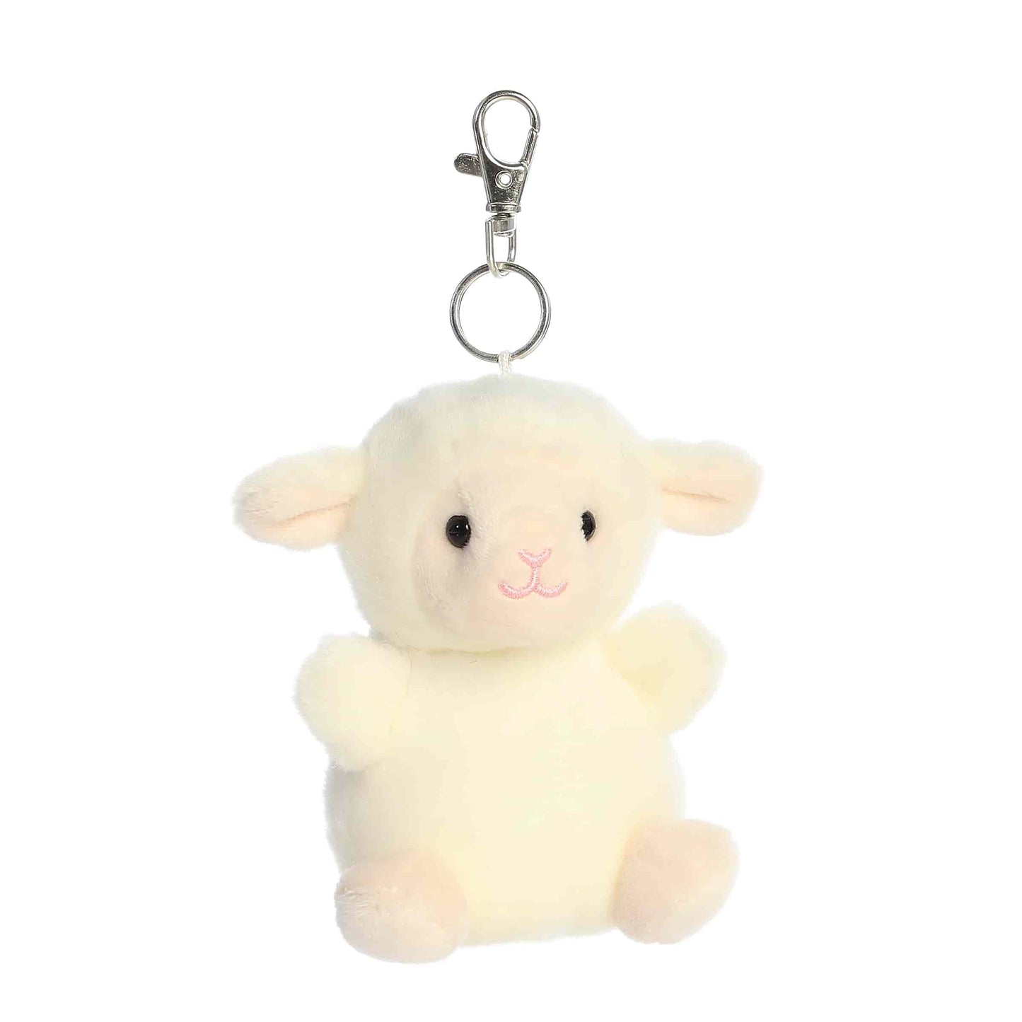 Angled view of Palm Pals Woolly Lamb, a 4-inch white plush clip.