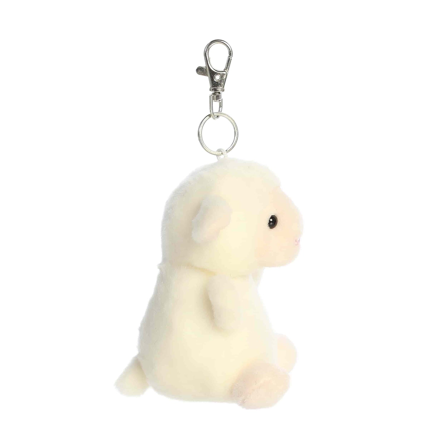 Side view of Palm Pals Woolly Lamb, a 4-inch white plush clip.