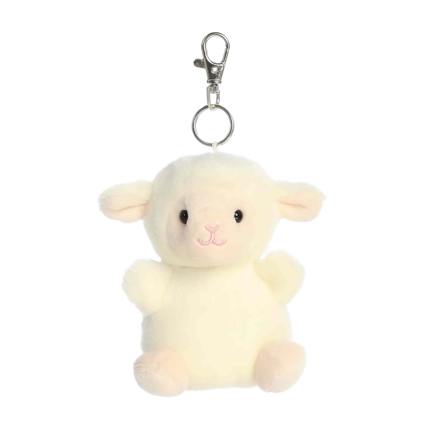 Product view of Palm Pals Woolly Lamb, a 4-inch white plush lamb with pink ears
and a plastic keychain clip.