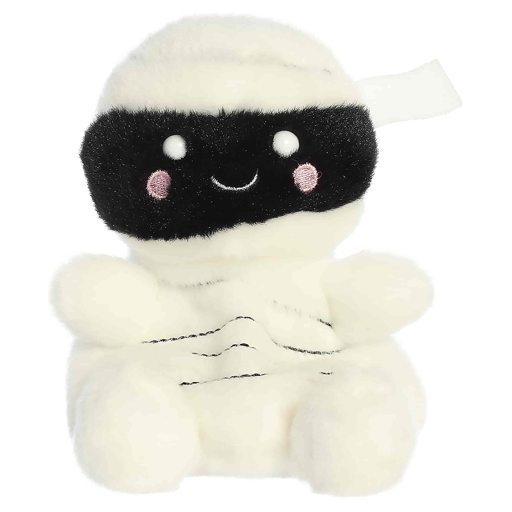 Palm Pals Wraphael Mummy 4-inch white plush wrapped in bandages with a black embroidered face section, white eyes, and pink cheeks.