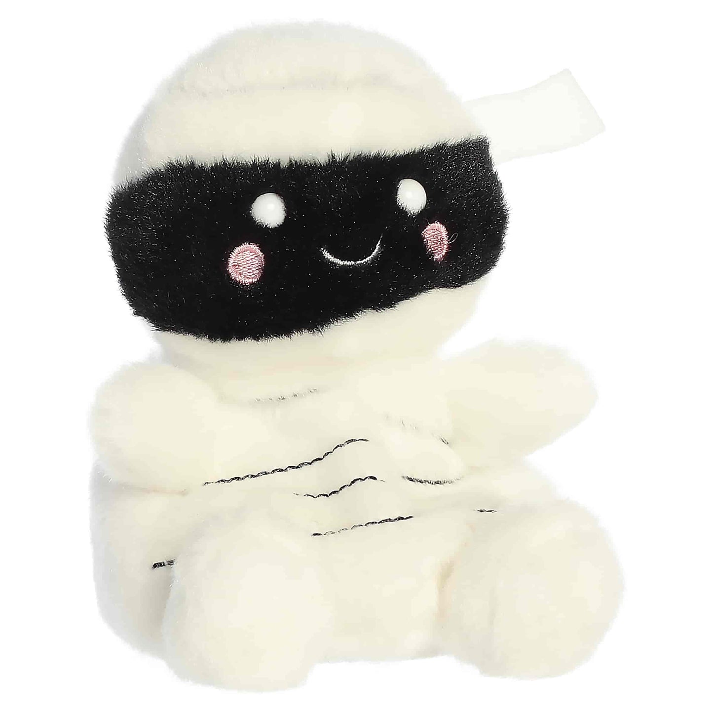 Palm Pals Wraphael Mummy 4-inch white plush wrapped in bandages with a black embroidered face section, white eyes, and pink cheeks.