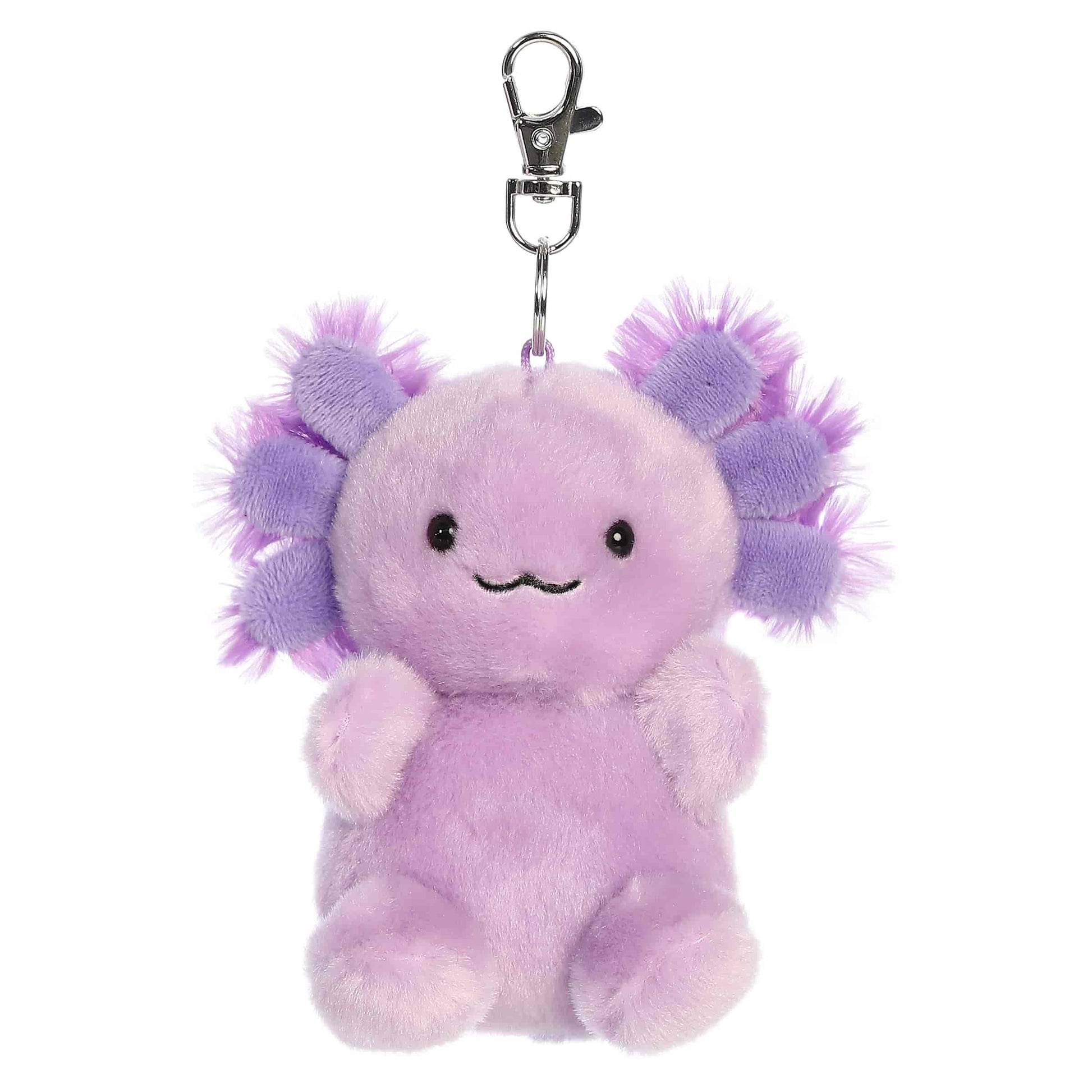 Palm Pals Xavier Purple Axolotl Clip-On plush featuring a vibrant purple body, pink gills, and a metal keychain clip.
