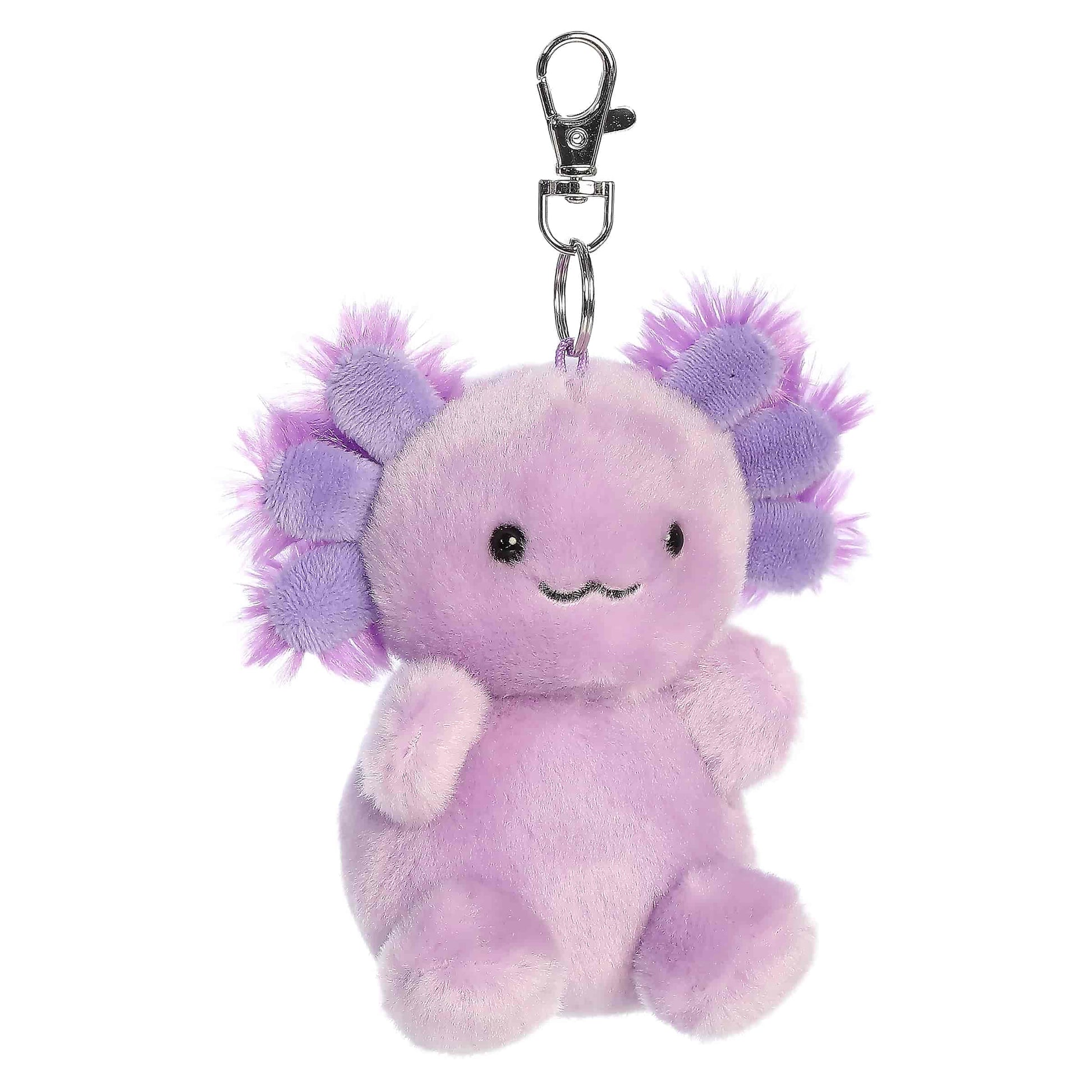 Palm Pals Xavier Purple Axolotl Clip-On plush featuring a vibrant purple body, pink gills, and a metal keychain clip.