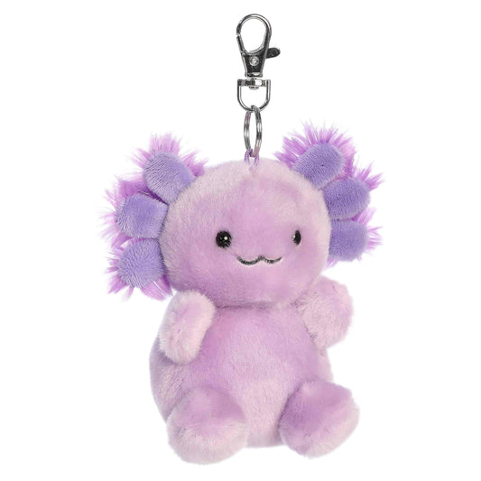 Palm Pals Xavier Purple Axolotl Clip-On plush featuring a vibrant purple body, pink gills, and a metal keychain clip.