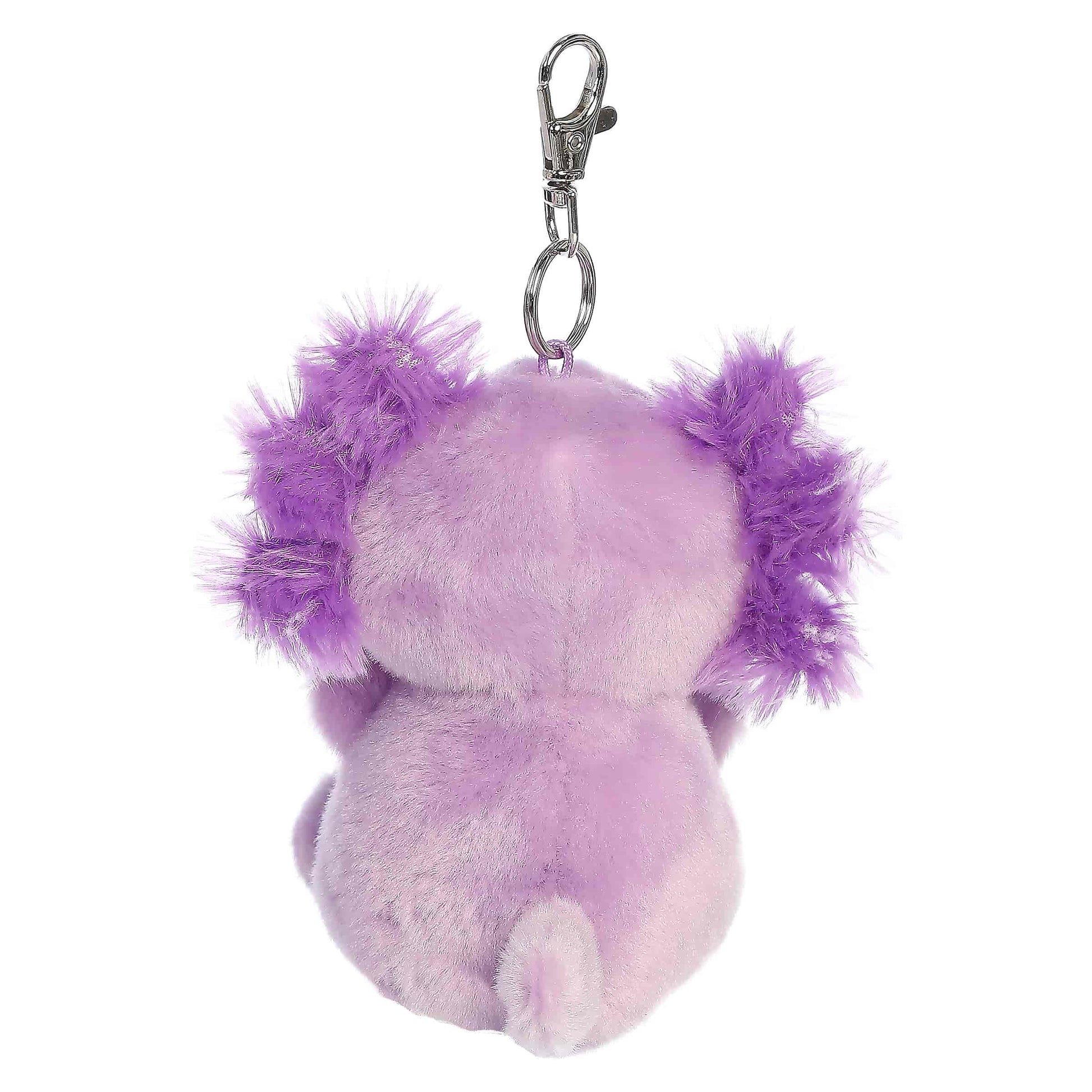 Palm Pals Xavier Purple Axolotl Clip-On plush featuring a vibrant purple body, pink gills, and a metal keychain clip.