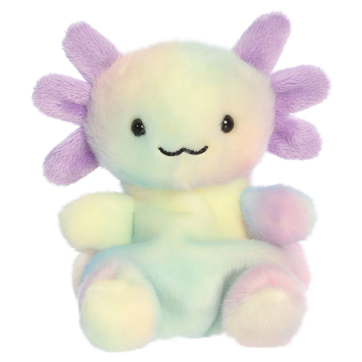 Palm Pals Xochitl Rainbow Axolotl plush toy in pastel tie-dye colors with purple frilly gills, a minty body, and a sweet embroidered smile.
