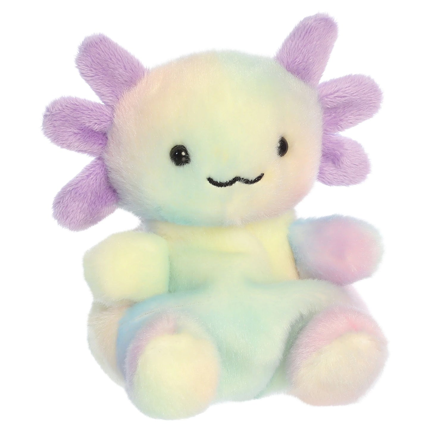 Palm Pals Xochitl Rainbow Axolotl plush toy in pastel tie-dye colors with purple frilly gills, a minty body, and a sweet embroidered smile.