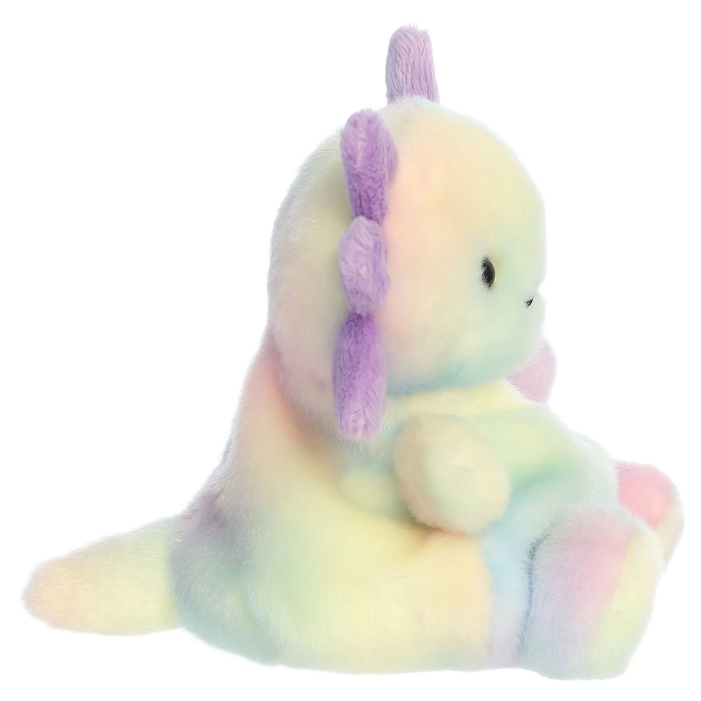 Palm Pals Xochitl Rainbow Axolotl plush toy in pastel tie-dye colors with purple frilly gills, a minty body, and a sweet embroidered smile.