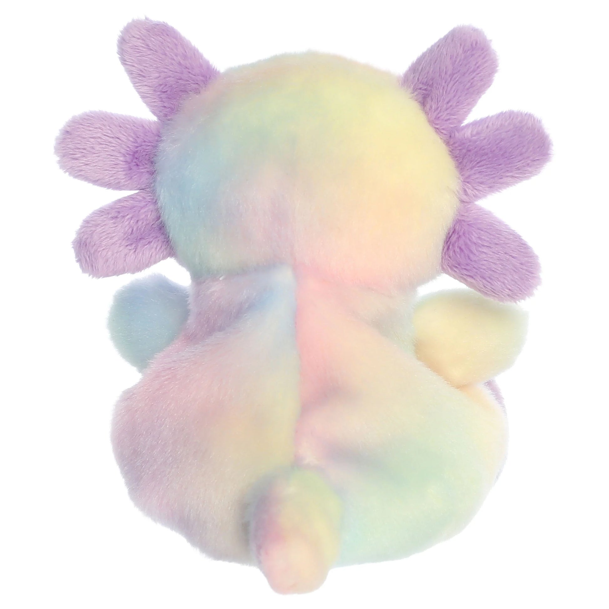 Palm Pals Xochitl Rainbow Axolotl plush toy in pastel tie-dye colors with purple frilly gills, a minty body, and a sweet embroidered smile.