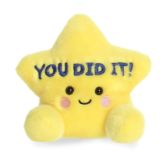 Product view of Palm Pals You Did It Star, a yellow plush star with the text "YOU DID IT!" embroidered in blue on the front.