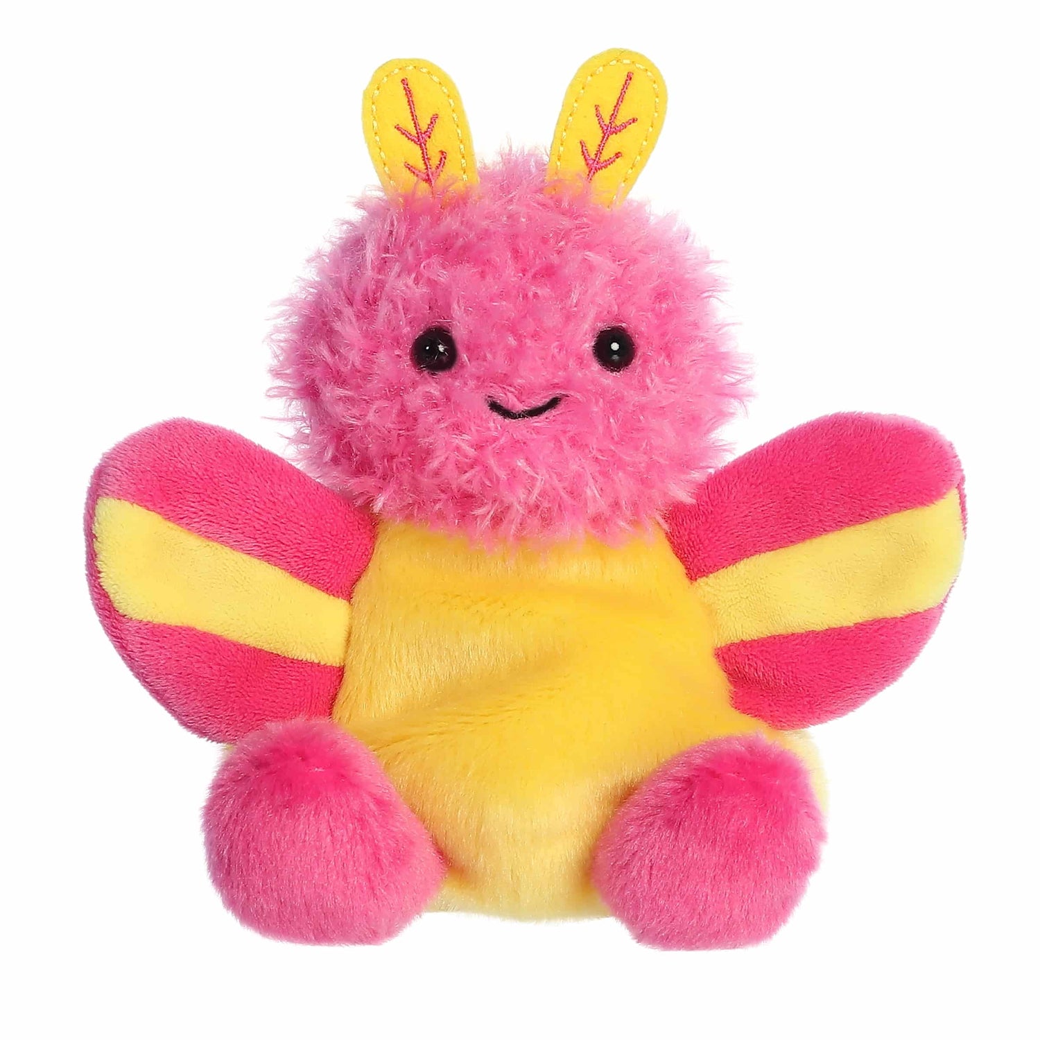A product photo of the Palm Pals Astrid Rosy Maple Moth plush, a pink and yellow moth with a fluffy pink face and yellow antennae, sitting on a white background.
