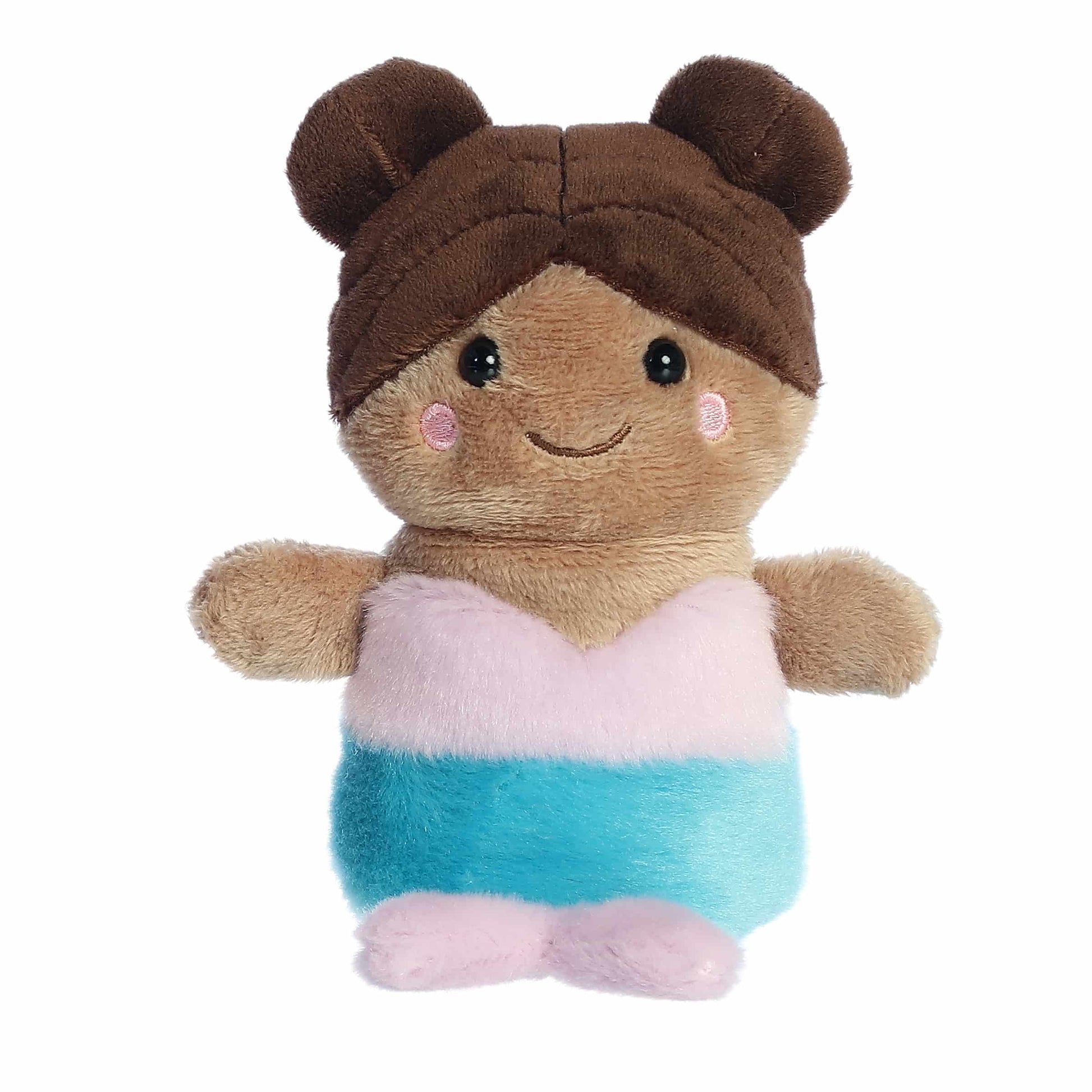 Palm Pals Oceana Mermaid Brunette Plush toy with brown hair bun, pink cheeks, and a blue dress on a white background