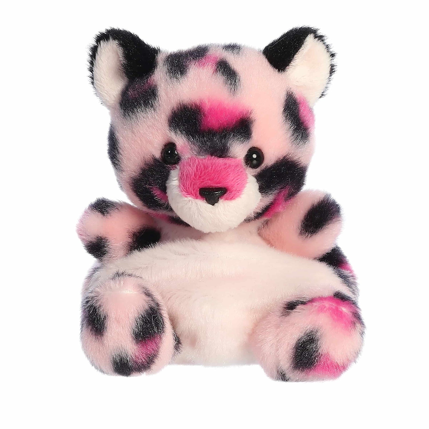A product photo of the Palm Pals Regina Pink Leopard plush, a small, pink and black spotted leopard, sitting on a white background.