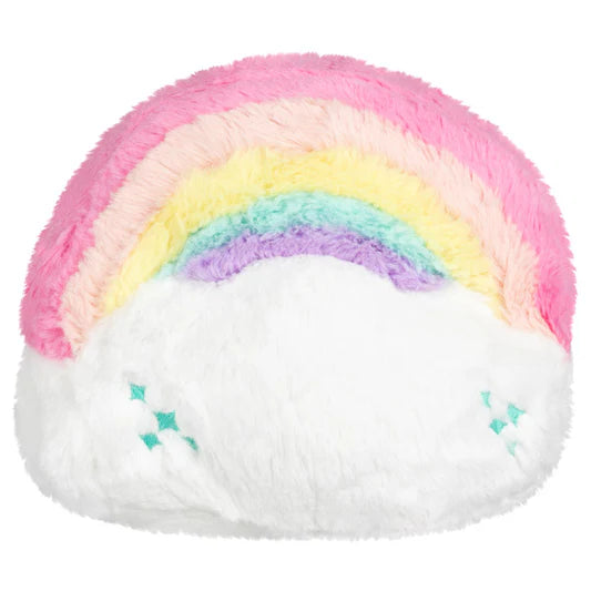 Back view of A small, 6-inch plush toy of a pastel rainbow (pink, yellow, blue, purple) sitting on a smiling white cloud. A small, shiny iridescent plush star with a face is attached to the front of the rainbow.