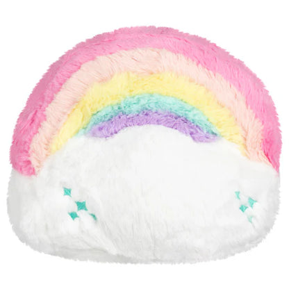 Back view of A small, 6-inch plush toy of a pastel rainbow (pink, yellow, blue, purple) sitting on a smiling white cloud. A small, shiny iridescent plush star with a face is attached to the front of the rainbow.