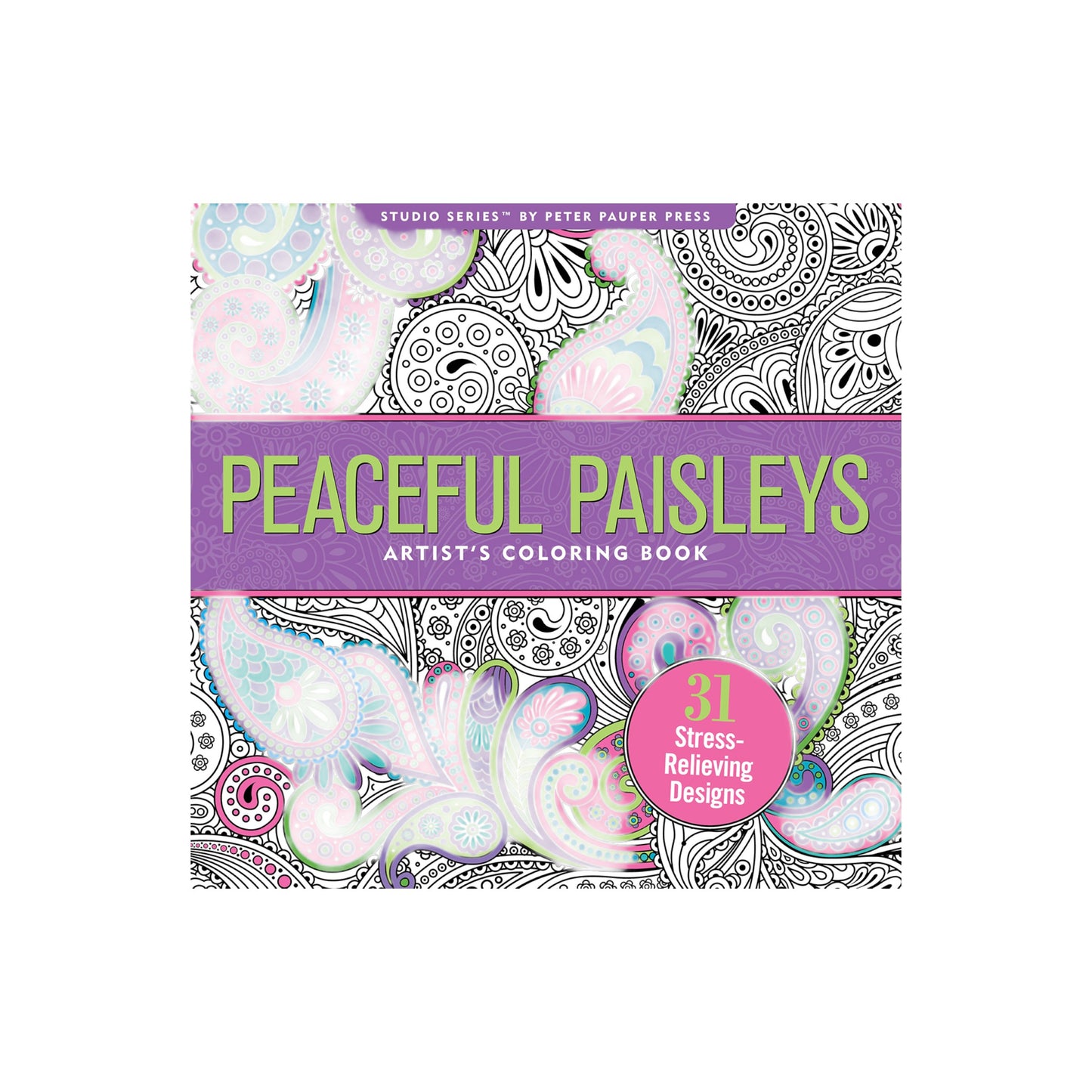 Peaceful Paisleys Artist's Coloring Book featuring a colorful intricate paisley cover design.