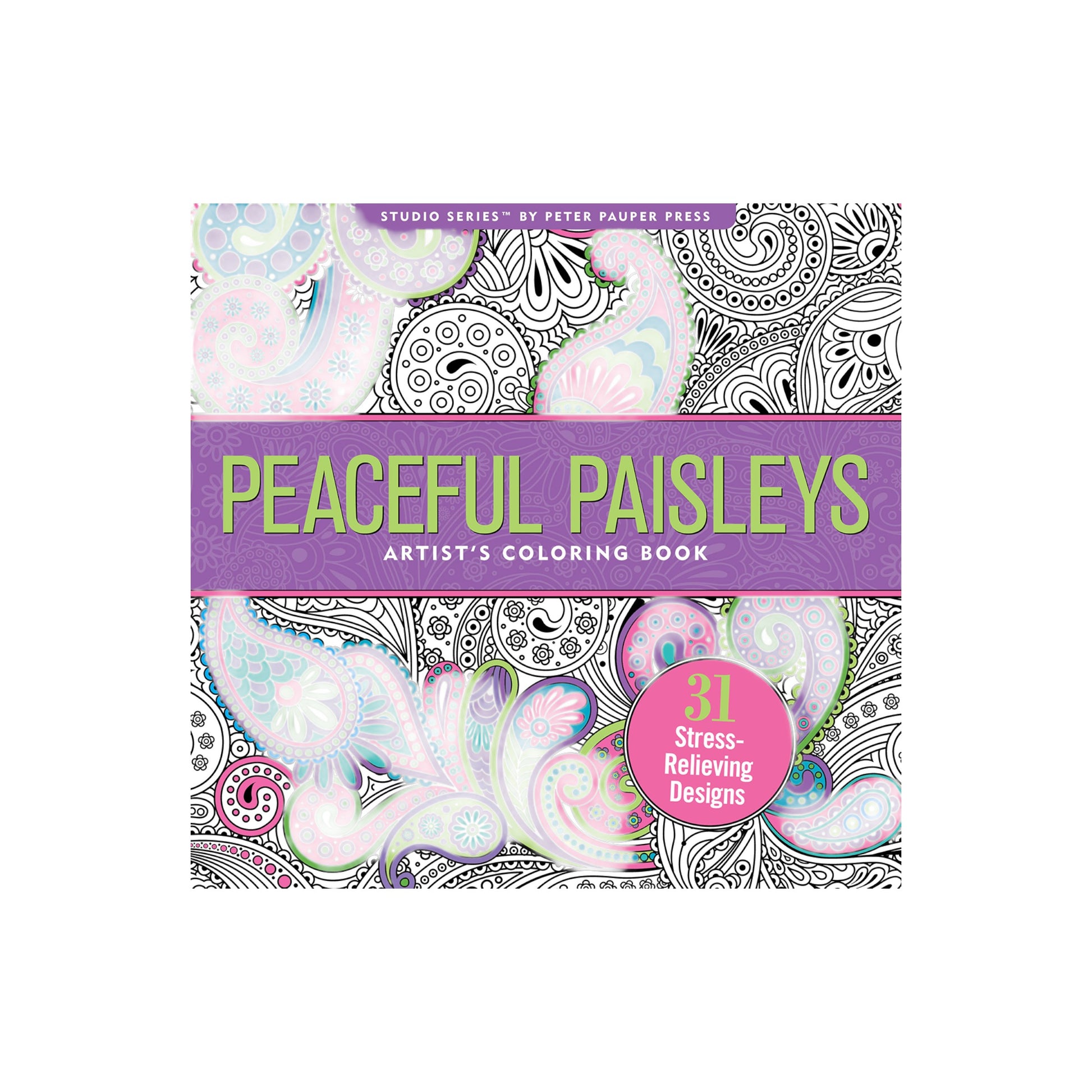 Peaceful Paisleys Artist's Coloring Book featuring a colorful intricate paisley cover design.