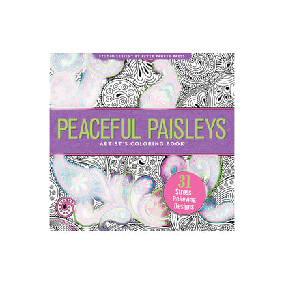 Peaceful Paisleys Artist's Coloring Book featuring a colorful intricate paisley cover design.