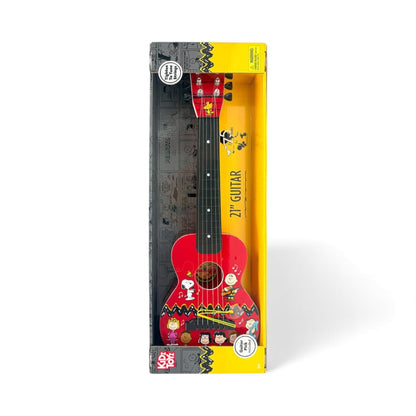 Product view of the Peanuts 21-Inch Guitar, a red acoustic-style guitar for
kids featuring Snoopy, Charlie Brown, and friends with an attached heart pick.