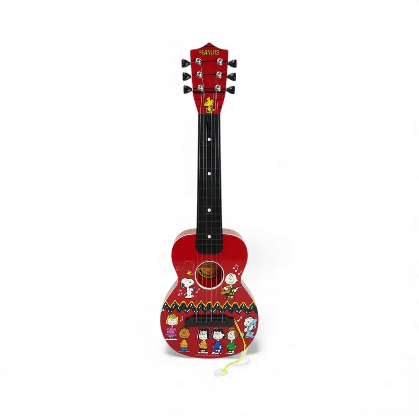 Product view of the Peanuts 21-Inch Guitar, a red acoustic-style guitar for
kids featuring Snoopy, Charlie Brown, and friends with an attached heart pick.