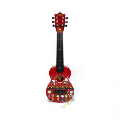 Product view of the Peanuts 21-Inch Guitar, a red acoustic-style guitar for
kids featuring Snoopy, Charlie Brown, and friends with an attached heart pick.