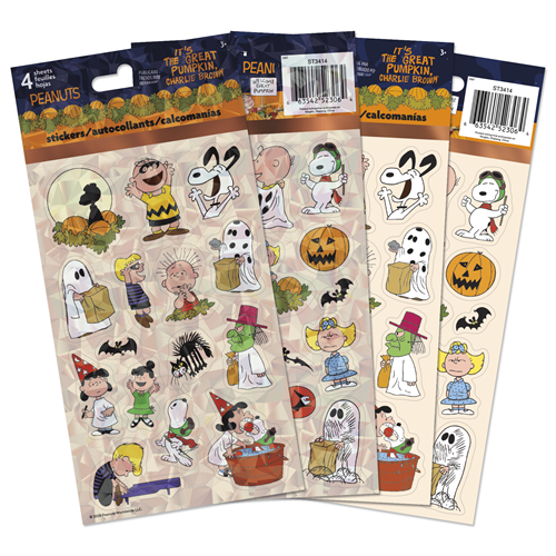 Sandylion Peanuts Halloween 4-sheet sticker pack featuring Charlie Brown, Snoopy, and friends in spooky costumes