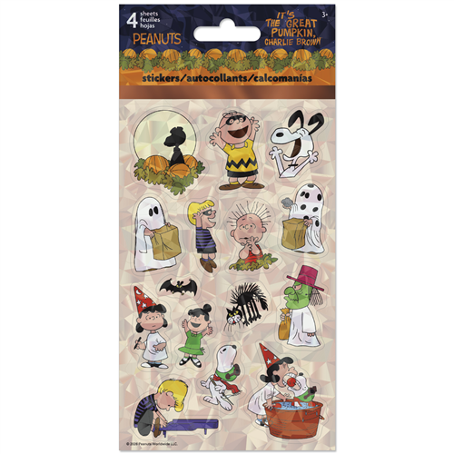 Peanuts-themed Halloween stickers in a package with cartoon characters on a white background.