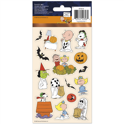 Halloween-themed stickers featuring cartoon characters on a beige backing with a blue and orange border.