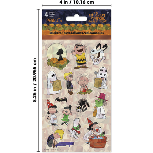Peanuts-themed Halloween stickers in packaging with dimensions indicated.