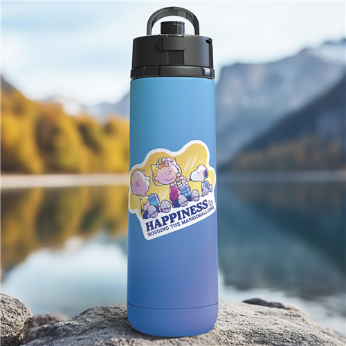 Blue water bottle with a cartoon character label against a mountain lake background