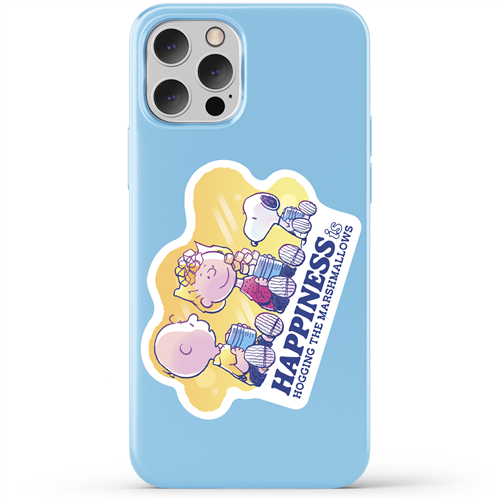 Phone case with cartoon characters and text on a light blue background