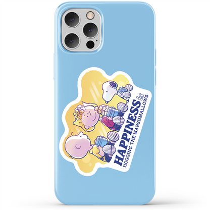 Phone case with cartoon characters and text on a light blue background