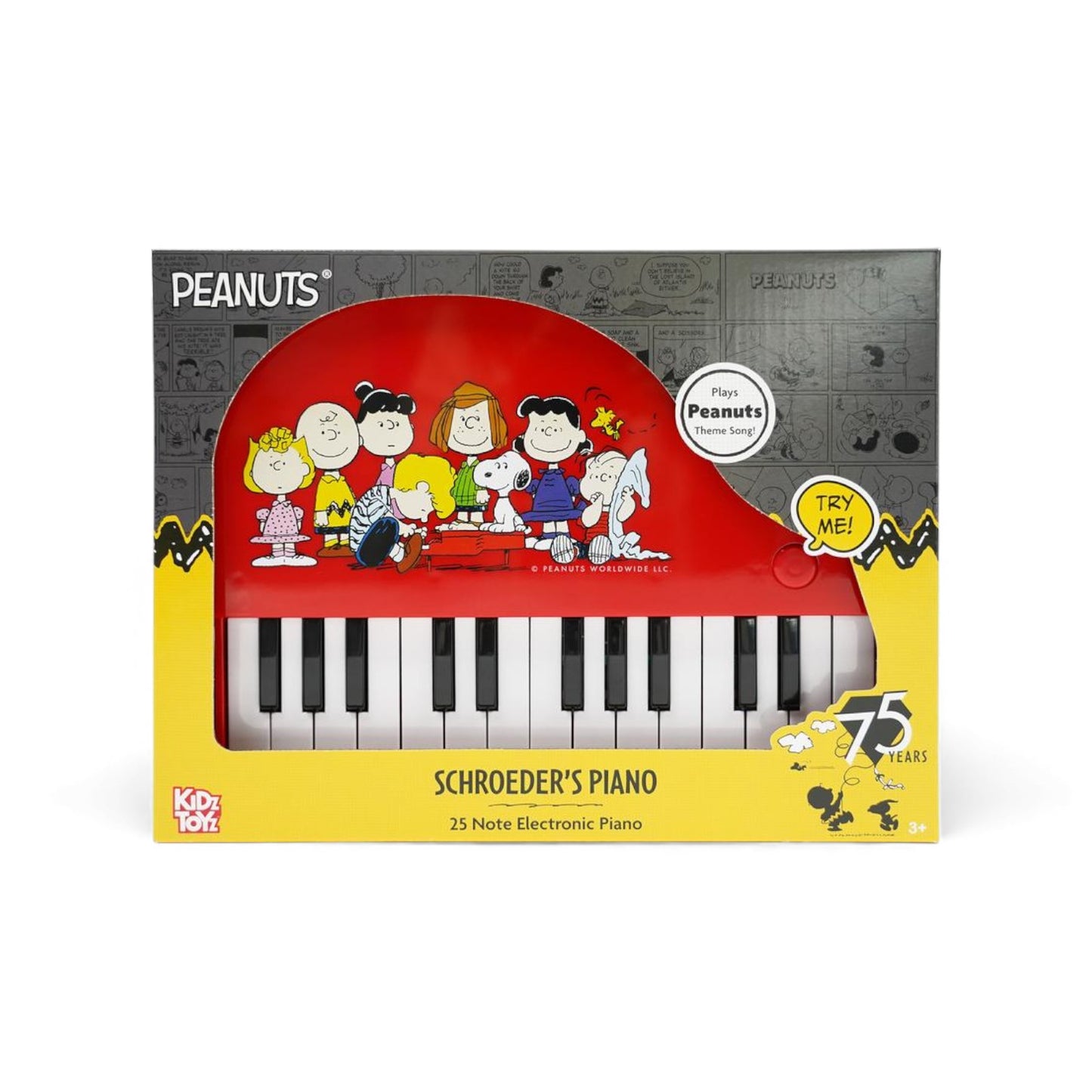 Product view of the Peanuts Schroeder's Piano, a red 25-note electronic keyboard featuring artwork of the Peanuts gang gathered around Schroeder.