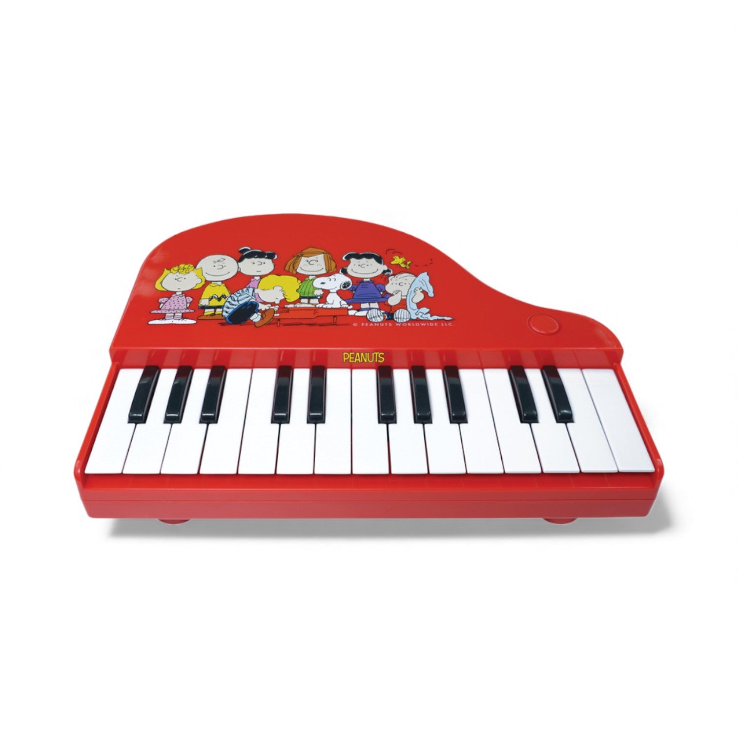Product view of the Peanuts Schroeder's Piano, a red 25-note electronic keyboard featuring artwork of the Peanuts gang gathered around Schroeder.