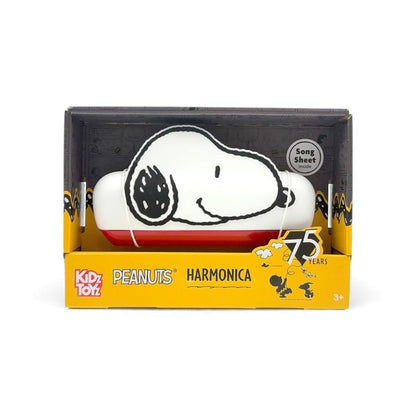 Product view of the Peanuts Snoopy Harmonica, a white and red musical instrument shaped like Snoopy's head, displayed in 75th Anniversary packaging.