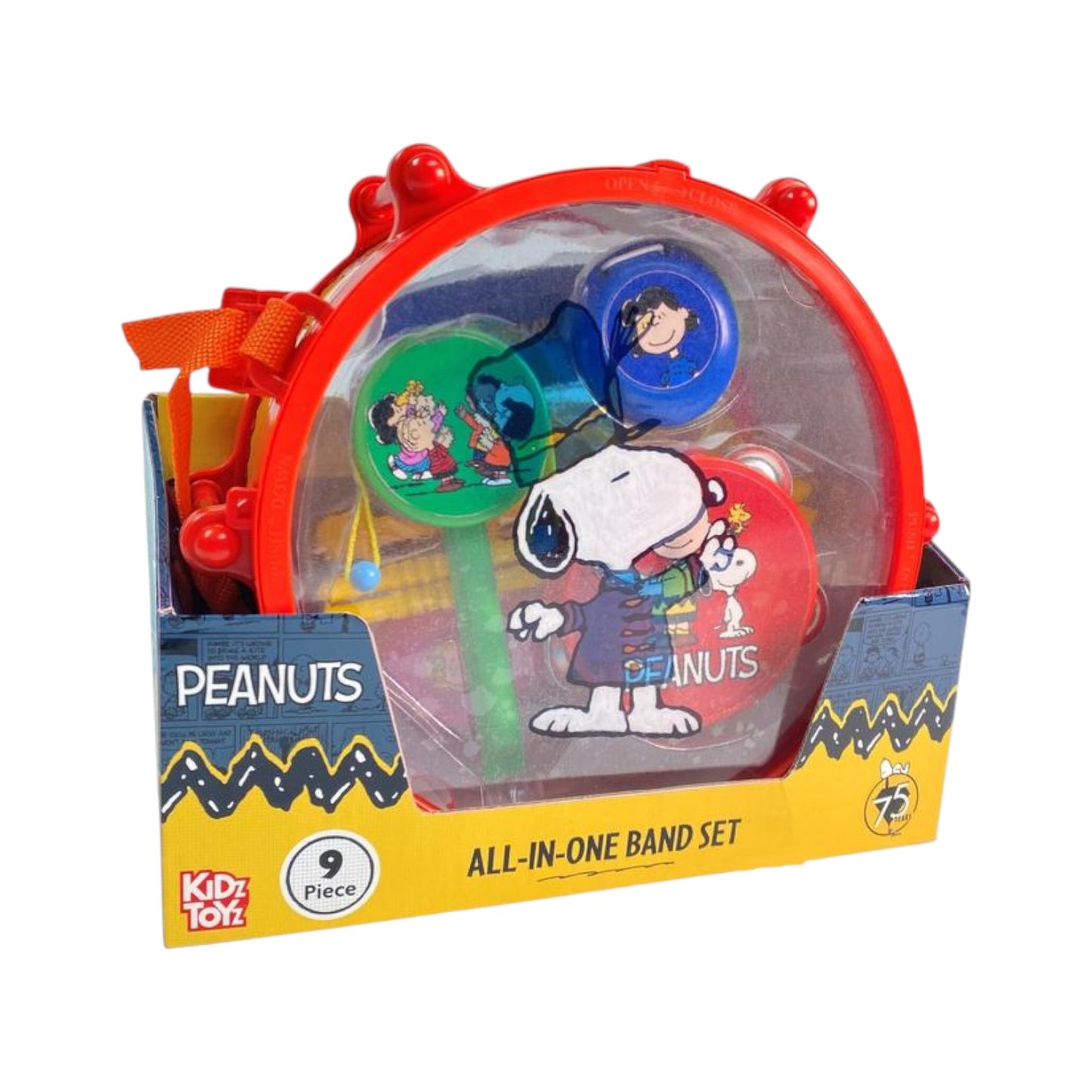 Product view of the Peanuts All-In-One Band Set, featuring a red marching drum
with Snoopy graphics containing a trumpet, tambourine, and other musical
instruments.