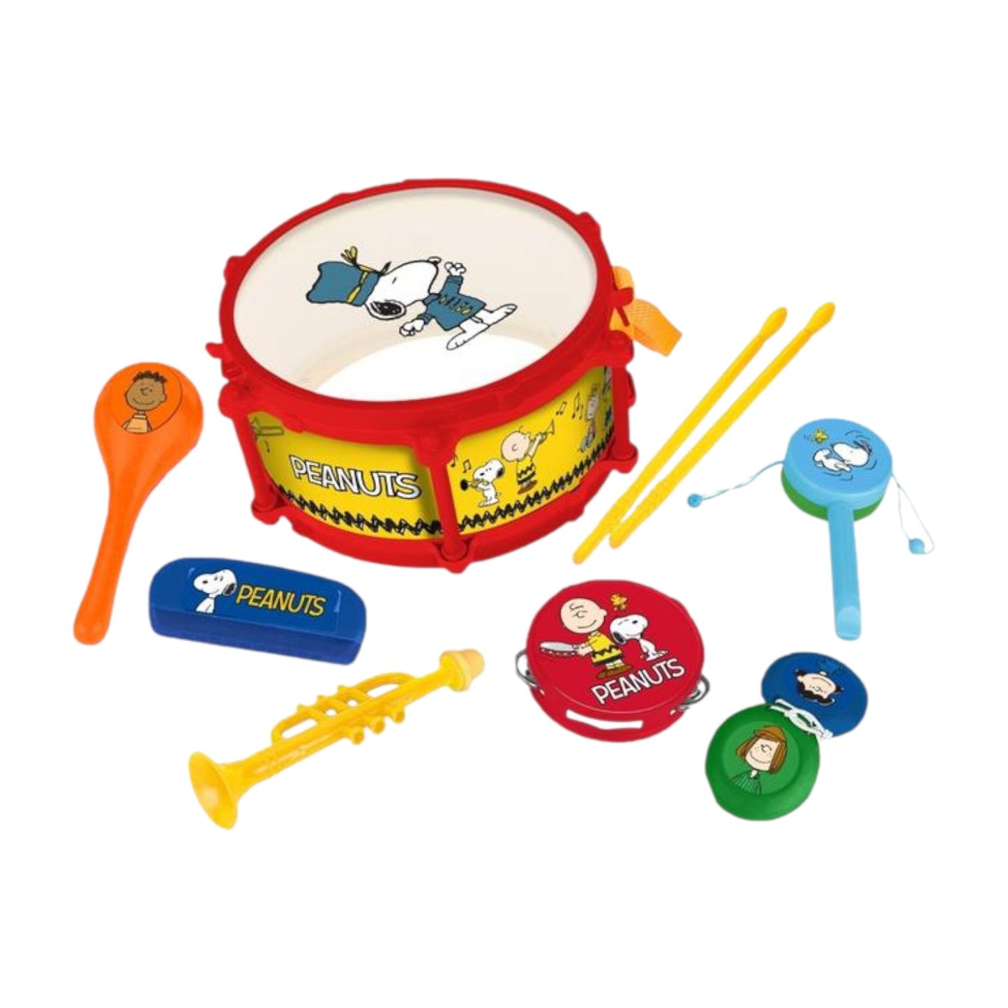 Children's drum set with Snoopy and Peanuts characters on a white background