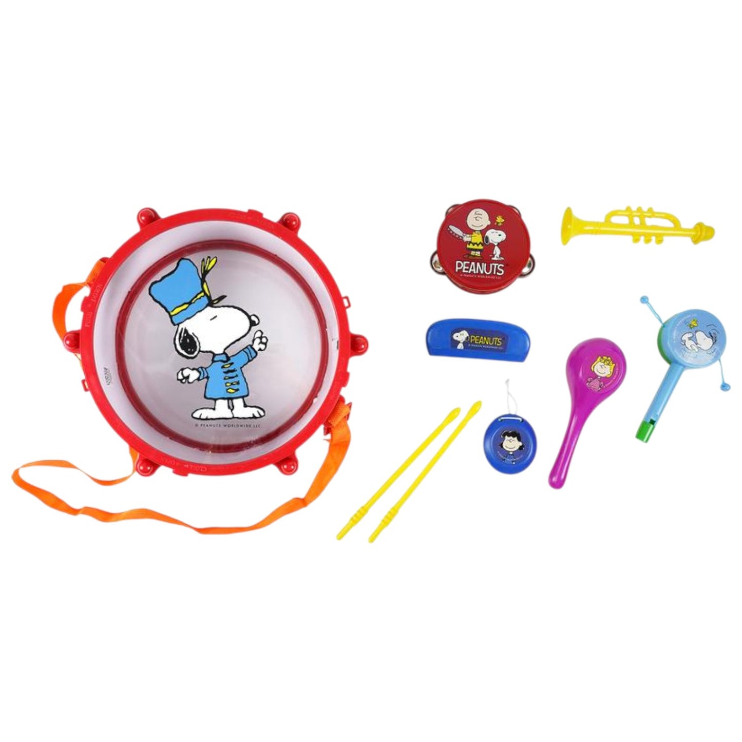 Set of children's musical instruments with Snoopy design on a white background