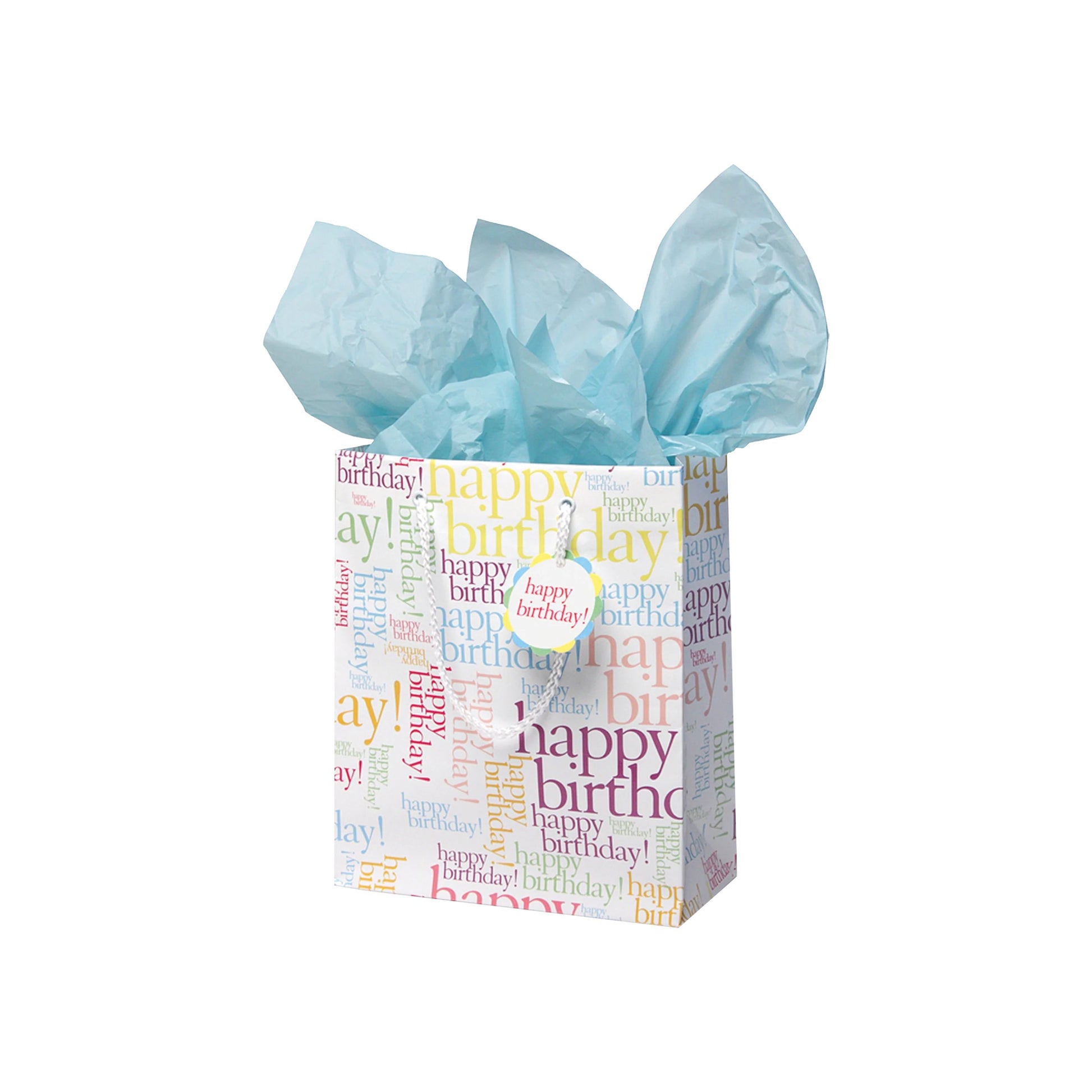 Peter Pauper Press Happy Birthday gift bag featuring colorful repeated text, white cord handles, and an attached circular To/From tag.