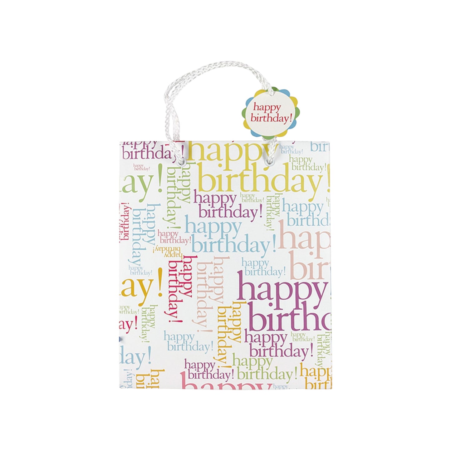 Peter Pauper Press Happy Birthday gift bag featuring colorful repeated text, white cord handles, and an attached circular To/From tag.