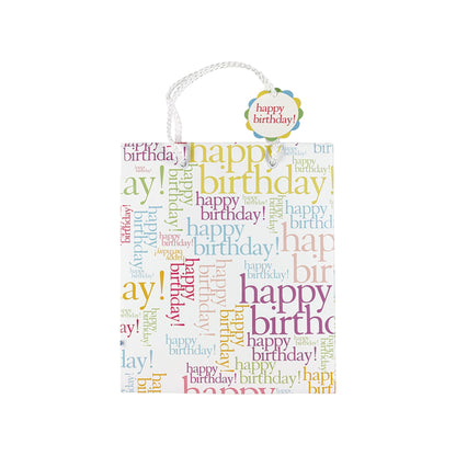 Peter Pauper Press Happy Birthday gift bag featuring colorful repeated text, white cord handles, and an attached circular To/From tag.